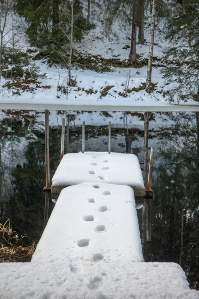 Paysage Hivernal Suède Neige Fondante Sur Lac Des Traces Homme — Photo