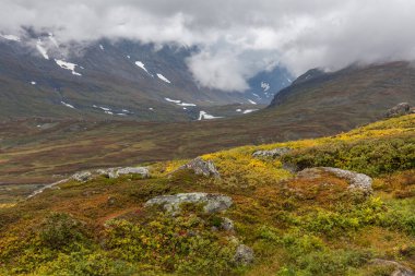 Vadi manzarası. Kuzey İsveç, Sonbaharda fırtınalı havada Sarek Ulusal Parkı. seçici odak