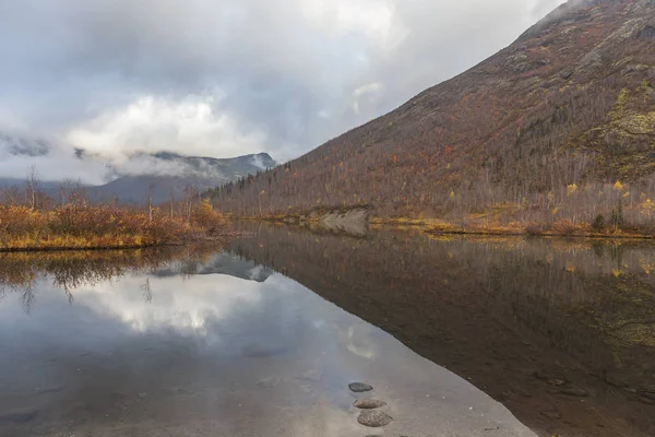 Piękne Jezioro Kolorowe Żółte Karły Brzozy Tle Północnych Gór Mglistych — Zdjęcie stockowe