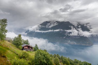 Norveç fiyortlarının dağlarında turkuaz suyla tipik bir ev.