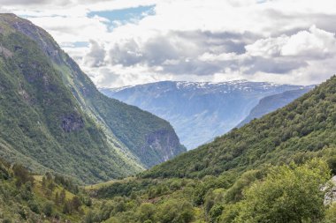 unforgettable view of the green valley in the mountains of Norway.selective focus