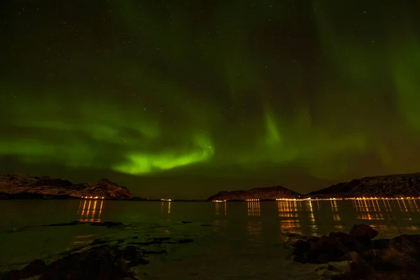 Northern Lights Aurora Borealis Fjord Mountains Many Stars Sky Lofoten — Stock Photo, Image