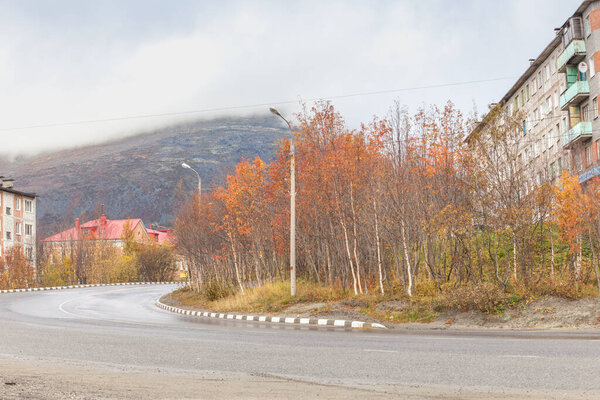 Street of the city of Kirovsk. North of Russia. Murmansk region.