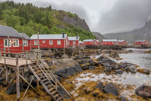Nusfjord Auténtico Pueblo Pescadores Con Casas Tradicionales Rorbu Rojo Invierno — Foto de Stock