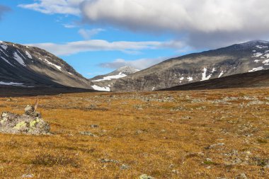 Sonbaharda İsveç 'in kuzeyinde Sarek Ulusal Parkı, seçici odaklı