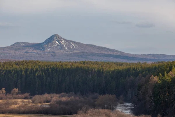 Utsikt Från Klippan Till Fjället Och Vårskogen Molnigt Väder Ryssland — Stockfoto