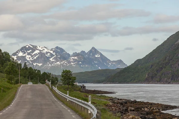 Road Meandering Blue Fjord Moss Mountains Extreme North Norway Selective — Stock Photo, Image