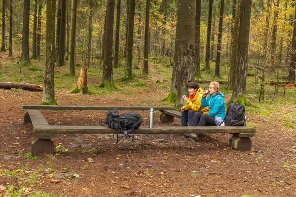 Two women sit on a bench in the forest resting after a long walk, Drink tea or coffee from a thermos. they are laughing.