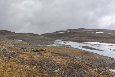 Vadi manzarası. Kuzey İsveç, Sonbaharda fırtınalı havada Sarek Ulusal Parkı. seçici odak