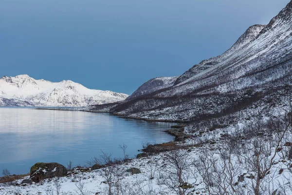 Krásný Výhled Fjord Norském Tromso Winter Polární Noc Dlouhá Doba — Stock fotografie