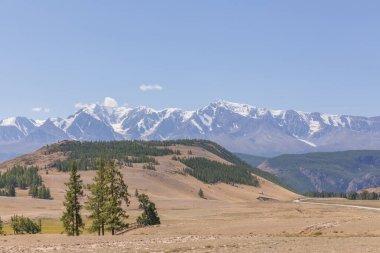 Belukha Dağı manzarası. Şimdi de Altai dağları. Belukha Sibirya 'nın en yüksek zirvesi.