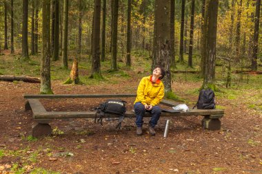Bir kadın bankta oturuyor, uzun bir yürüyüşten sonra ormanda gülüyor ve dinleniyor..