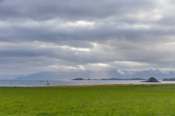 Magányos Hajó Norvég Fjordok Vizében Felhős Zöld Lofotén — Stock Fotó