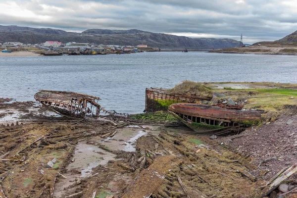 Teriberka Cementerio Viejas Naves Región Murmansk Rusia Aérea — Foto de Stock