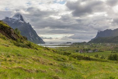 Güzel Norveç manzarası, Lofoten, fiyortların manzarası.