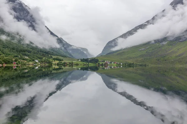 Mystical Fjord Dark Clouds Norway Mountains Fog Hanging Water Beautiful — Stock Photo, Image