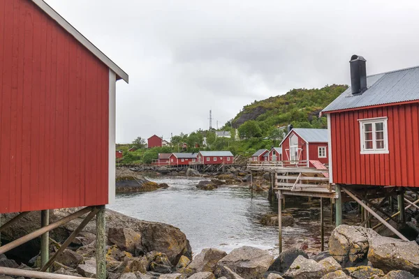 Tradiční Rudé Dřevěné Domy Rorbuer Malé Rybářské Vesnici Nusfjord Lofotenské — Stock fotografie