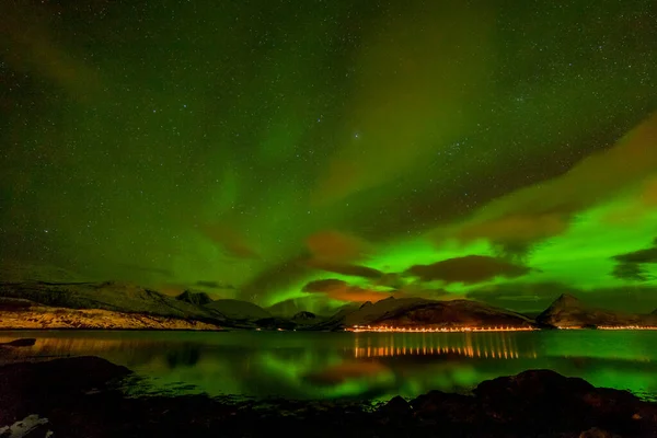 罗浮敦岛上的北极光 高山上方的绿色北极光 带极光的夜空 带着极光和水面反射的冬夜风景 挪威的性质 — 图库照片