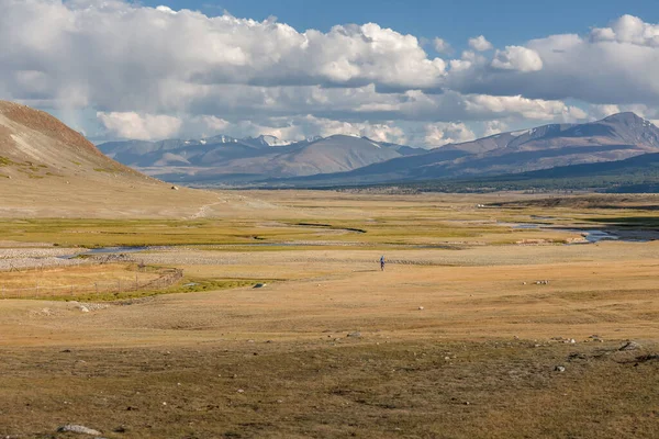 Viajero Motos Casco Montando Una Moto Las Estepas Mongolia — Foto de Stock