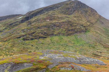 İsveç Laponya 'daki Sarek ulusal parkının güzel vahşi doğası. Karlı dağ zirveleri, nehir ve göl, huş ağacı ve çam ağaçları ormanı. Fırtınalı havada sonbahar renkleri. seçici odak