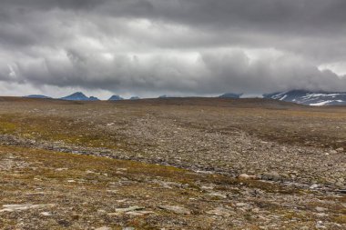 İsveç Laponya 'daki Sarek ulusal parkının güzel vahşi doğası. Karlı dağ zirveleri, nehir ve göl, huş ağacı ve çam ağaçları ormanı. Fırtınalı havada sonbahar renkleri. seçici odak