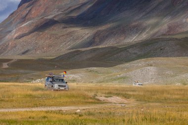 Moğolistan çölündeki yolda Alman ve Moğol bayraklı arabalar.