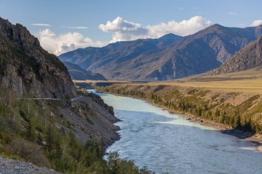 Altai 'deki White Mountain nehri. Altai, Rusya Yaz Manzarası. Altai Cumhuriyeti, Rusya 'nın etnik cumhuriyetlerinden biridir. Altay