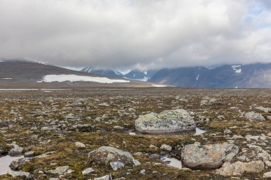 İsveç Laponya 'daki Sarek ulusal parkının güzel vahşi doğası. Karlı dağ zirveleri, nehir ve göl, huş ağacı ve çam ağaçları ormanı. Fırtınalı havada sonbahar renkleri. seçici odak
