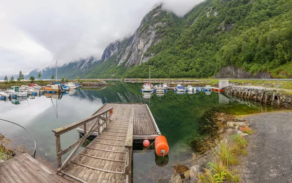 Molde Norway June 2016 Fishing Boats Reflected Water Pier Mountain — Stock Photo, Image