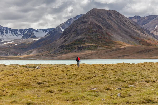 Turista Camina Largo Hierba Cerca Del Lago Montaña Del Altai — Foto de Stock