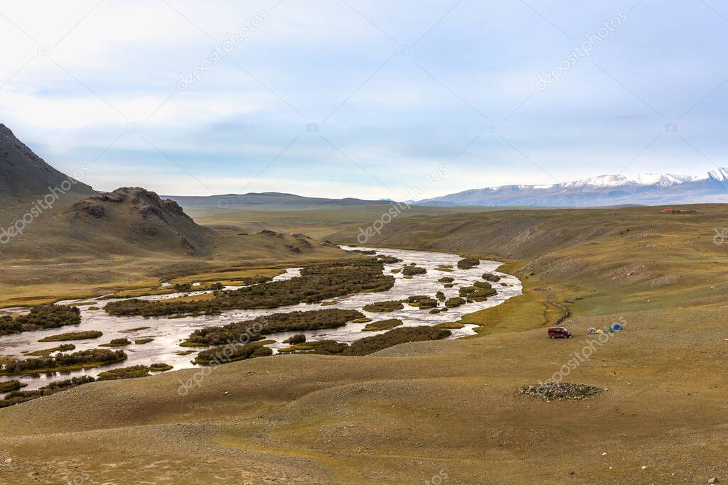 Mongolian landscapes in the Altai Mountains, wide landscape.