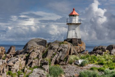 Norveç 'te bir deniz fenerinin yanında bir balinanın kalıntıları.