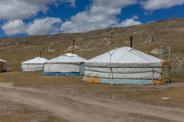 Yurt, çim tarlasında göçebe evi. Orta Asya 'da. Moğolistan. Moğol Altai