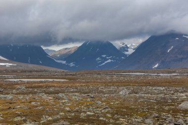 Vadi manzarası. Kuzey İsveç, Sarek Ulusal Parkı fırtınalı havada. seçici odak