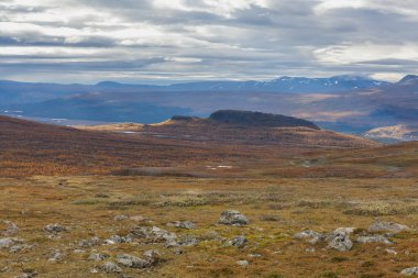 Sonbaharda İsveç 'in kuzeyinde Sarek Ulusal Parkı, seçici odaklı