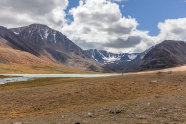 Moğolistan tepelerinde Moğolistan bozkırlarında motosiklet süren bir adam.