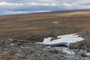 Vadi manzarası. Kuzey İsveç, Sonbaharda fırtınalı havada Sarek Ulusal Parkı. seçici odak