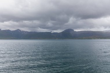 Norveç fiyortlarının bulutlu gökyüzü ve seçici odak noktalarıyla çevrili turkuaz su manzarası