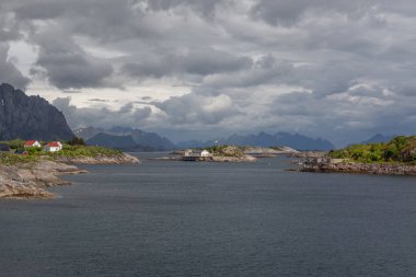 Norveç 'te gizemli bir fiyort. Dağlar ve sis, suyun üzerinde tek renkli güzel bir renkle süzülüyor. seçici odak