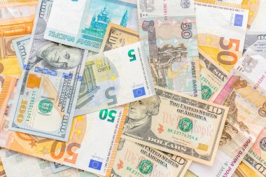 Çeşitli ülkelerin nakit parası Dolar, Ruble, Euro Top view.