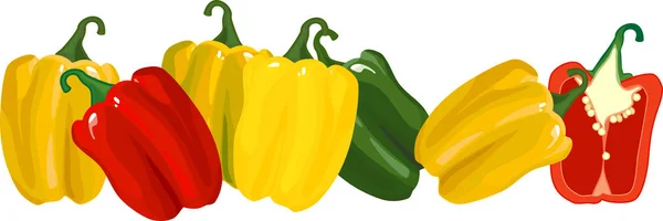 Skupina Jasně Červené Zelené Žluté Sladké Papriky Izolované Bílém Pozadí — Stockový vektor