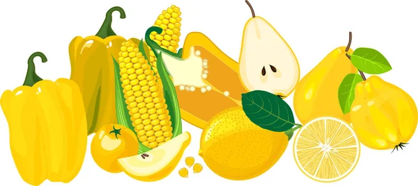Σύνθεση Διαφορετικών Κίτρινων Λαχανικών Και Φρούτων Που Απομονώνονται Λευκό Φόντο — Διανυσματικό Αρχείο