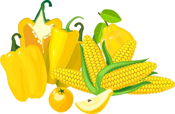 Samenstelling Van Verschillende Gele Groenten Fruit Geïsoleerd Witte Achtergrond — Stockvector