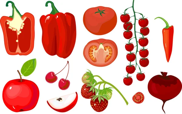 Gran Juego Diferentes Frutas Verduras Rojas Aisladas Sobre Fondo Blanco — Vector de stock