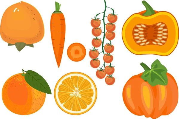 Grote Set Van Verschillende Oranje Kleur Groenten Fruit Geïsoleerd Witte — Stockvector