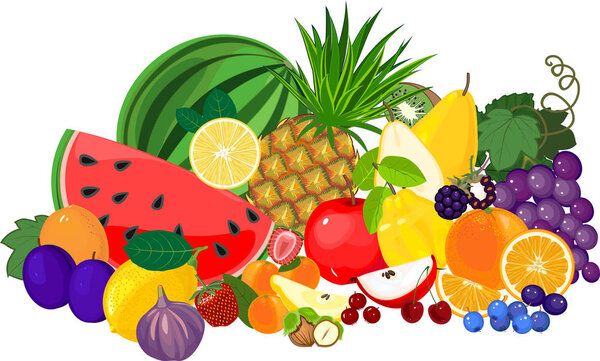 Большая композиция различных красочных тропических фруктов на белом фоне
