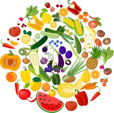 Beyaz arka planda izole edilmiş büyük, olgun meyve ve sebzeler.