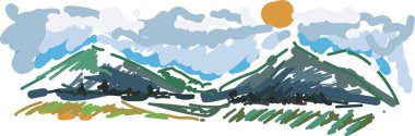 Dağların, gökyüzünün ve güneşin minimalist bir şekilde çizimi