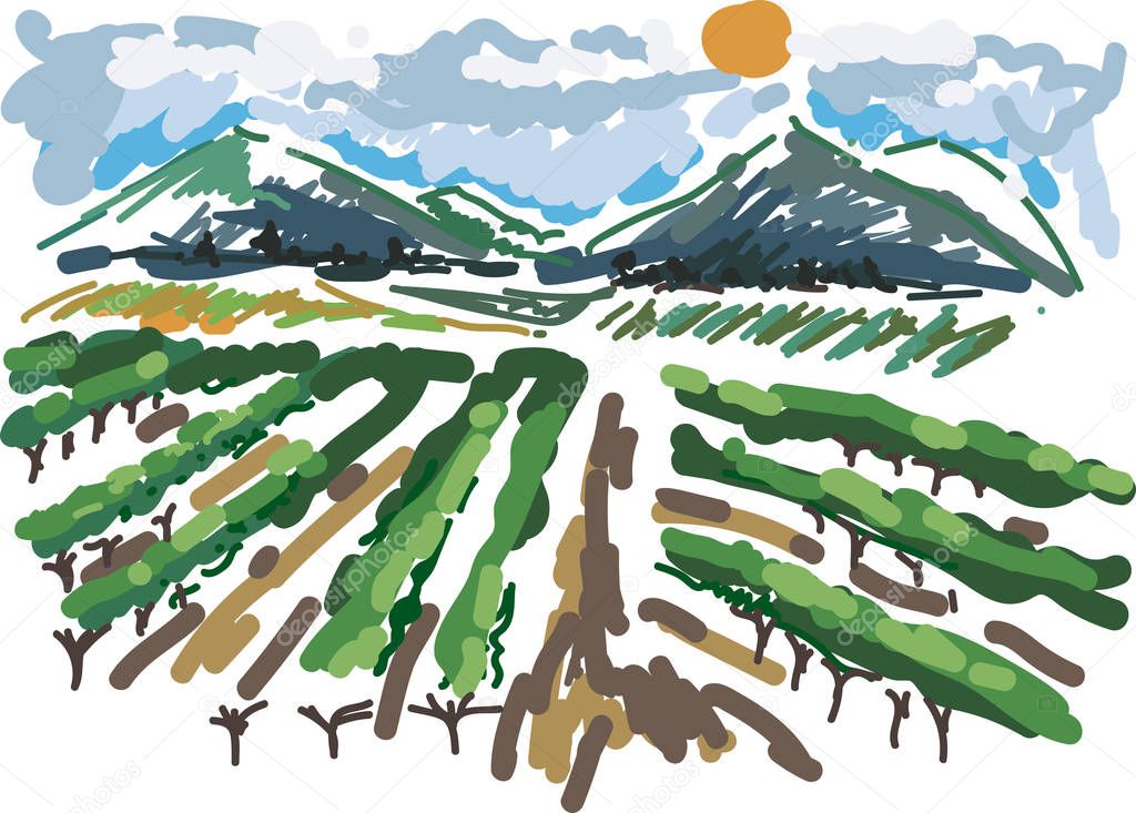 Sketch of landscape with vineyard, mountains on horizon, blue sky and sun in impressionistic manner