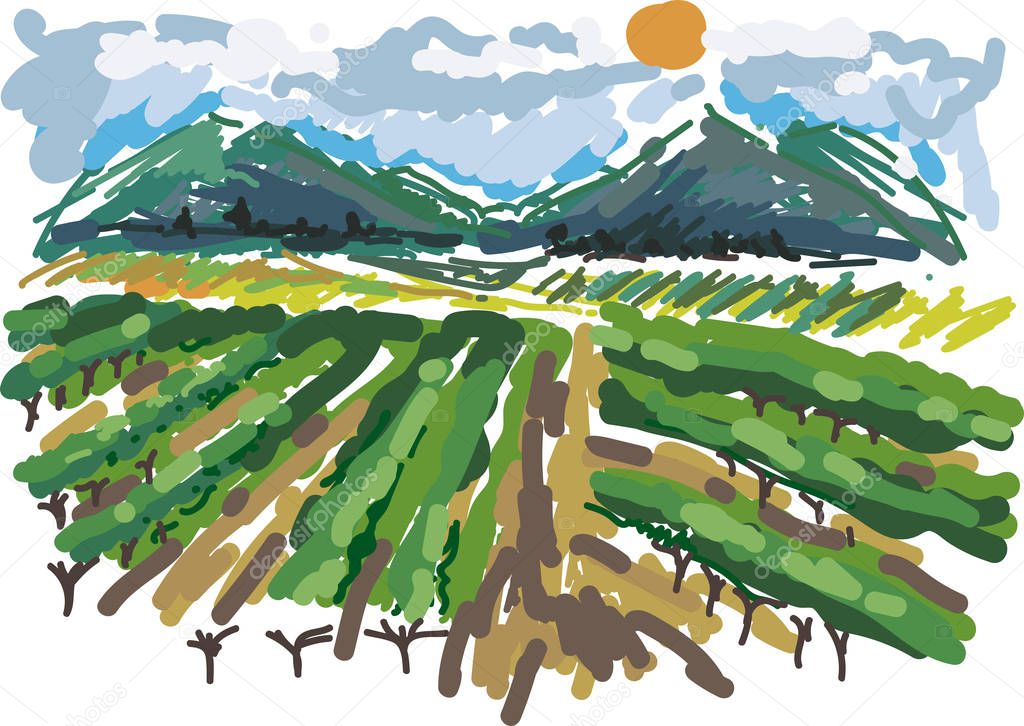 Sketch of landscape with vineyard, mountains on horizon, blue sky and sun in impressionistic manner